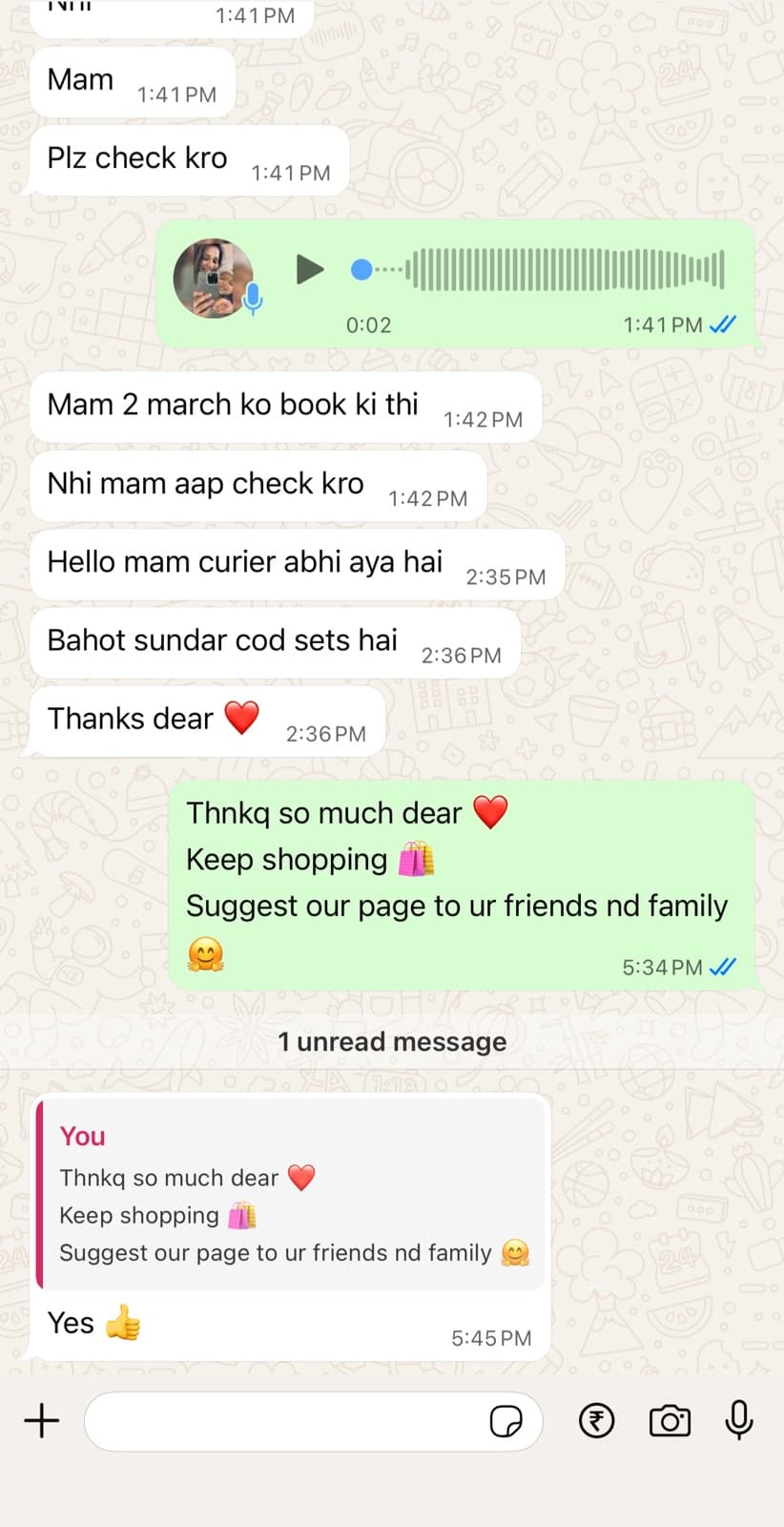 WhatsApp thank-you message from a One Store Mysha customer