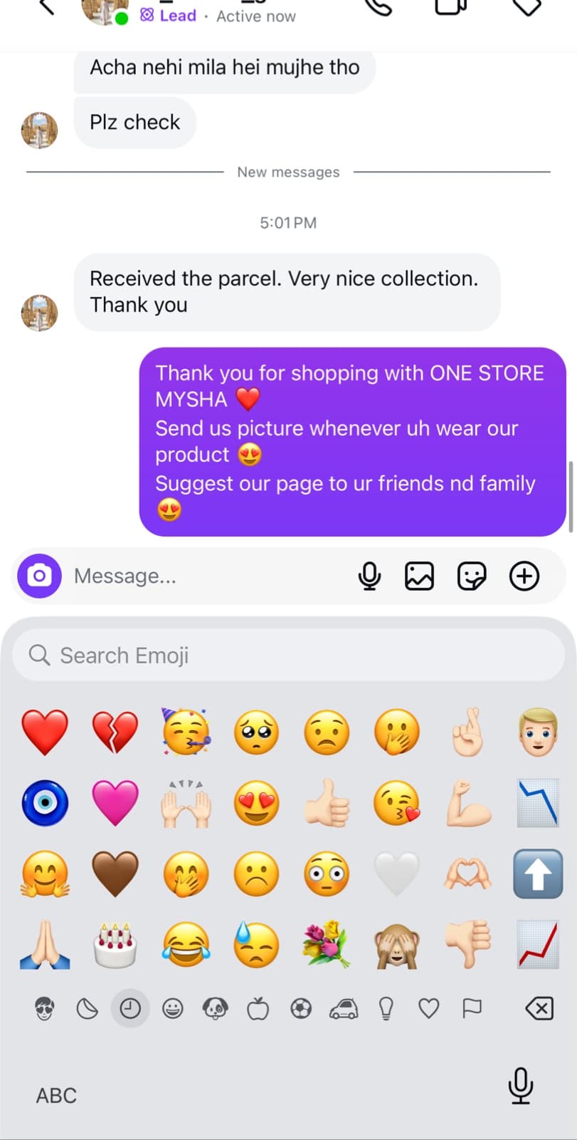 Instagram DM from a happy customer after receiving their parcel