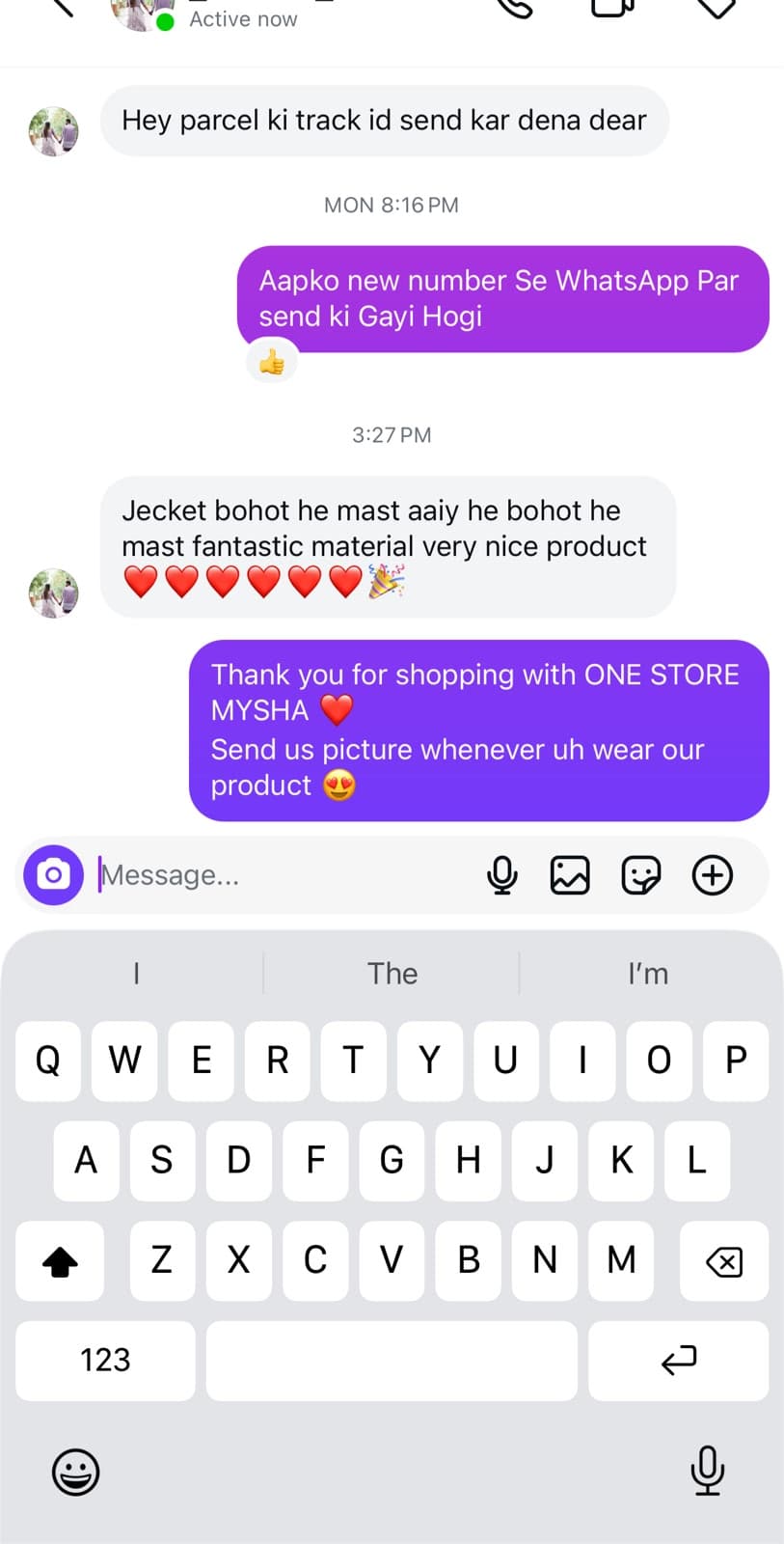 Instagram DM praising product quality