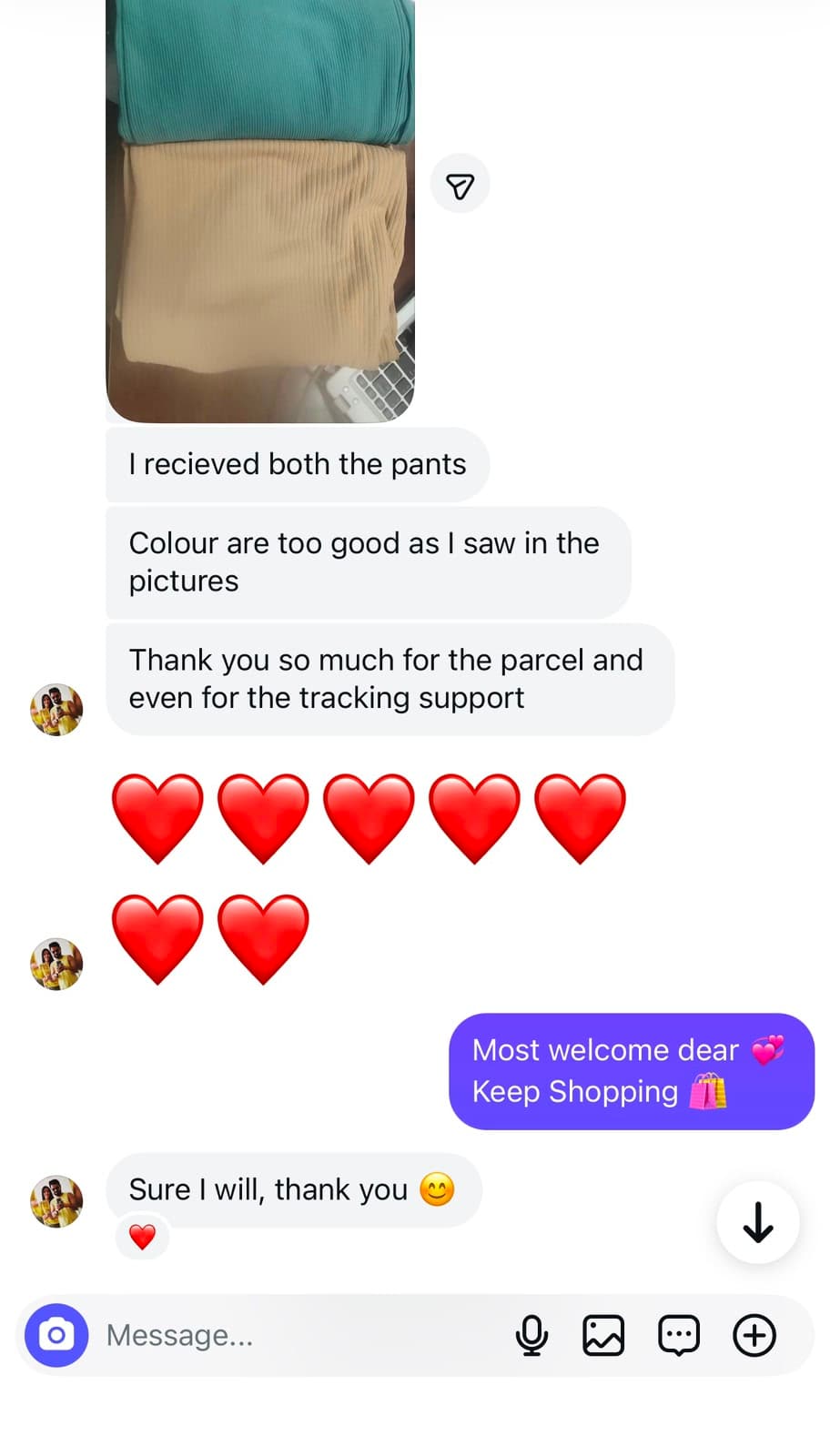 Customer photo of their order alongside a thank-you message